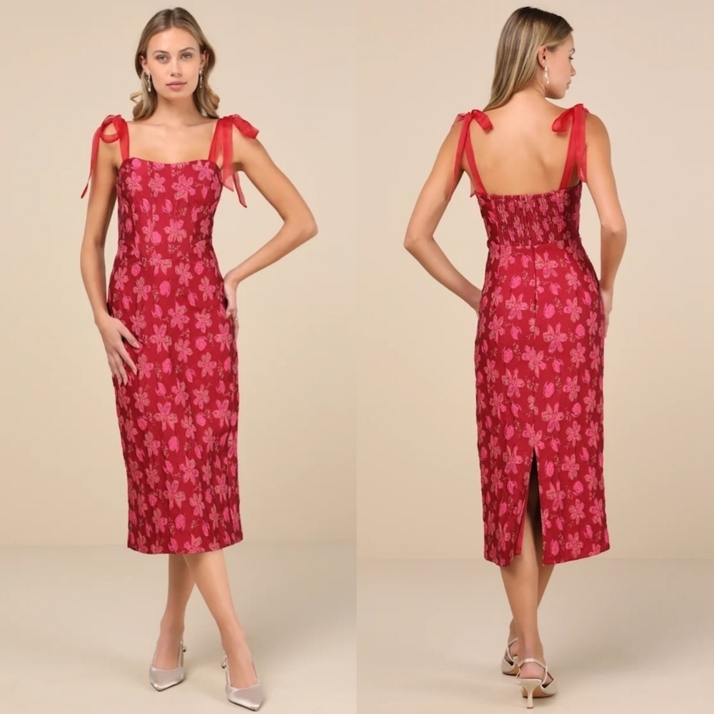 Lulu's Red Floral Tie-Shoulder Midi Dress